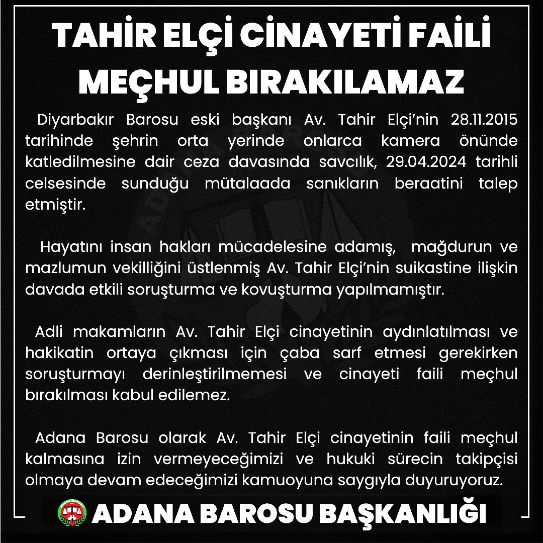 TAHİR ELÇİ CİNAYETİ FAİLİ MEÇHUL BIRAKILAMAZ