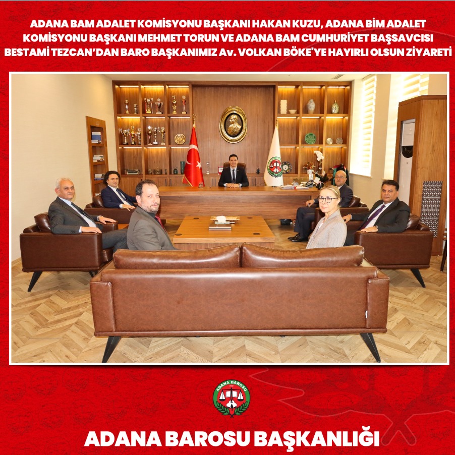 ADANA BAM ADALET KOMİSYONU BAŞKANI HAKAN KUZU, ADANA BİM ADALET KOMİSYONU BAŞKANI MEHMET TORUN VE ADANA BAM CUMHURİYET BAŞSAVCISI BESTAMİ TEZCAN’DAN BARO BAŞKANIMIZ Av. VOLKAN BÖKE'YE HAYIRLI OLSUN ZİYARETİ