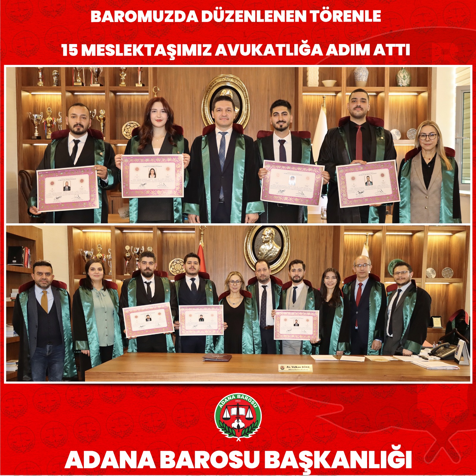BAROMUZDA DÜZENLENEN TÖRENLE 15 MESLEKTAŞIMIZ AVUKATLIĞA ADIM ATTI
