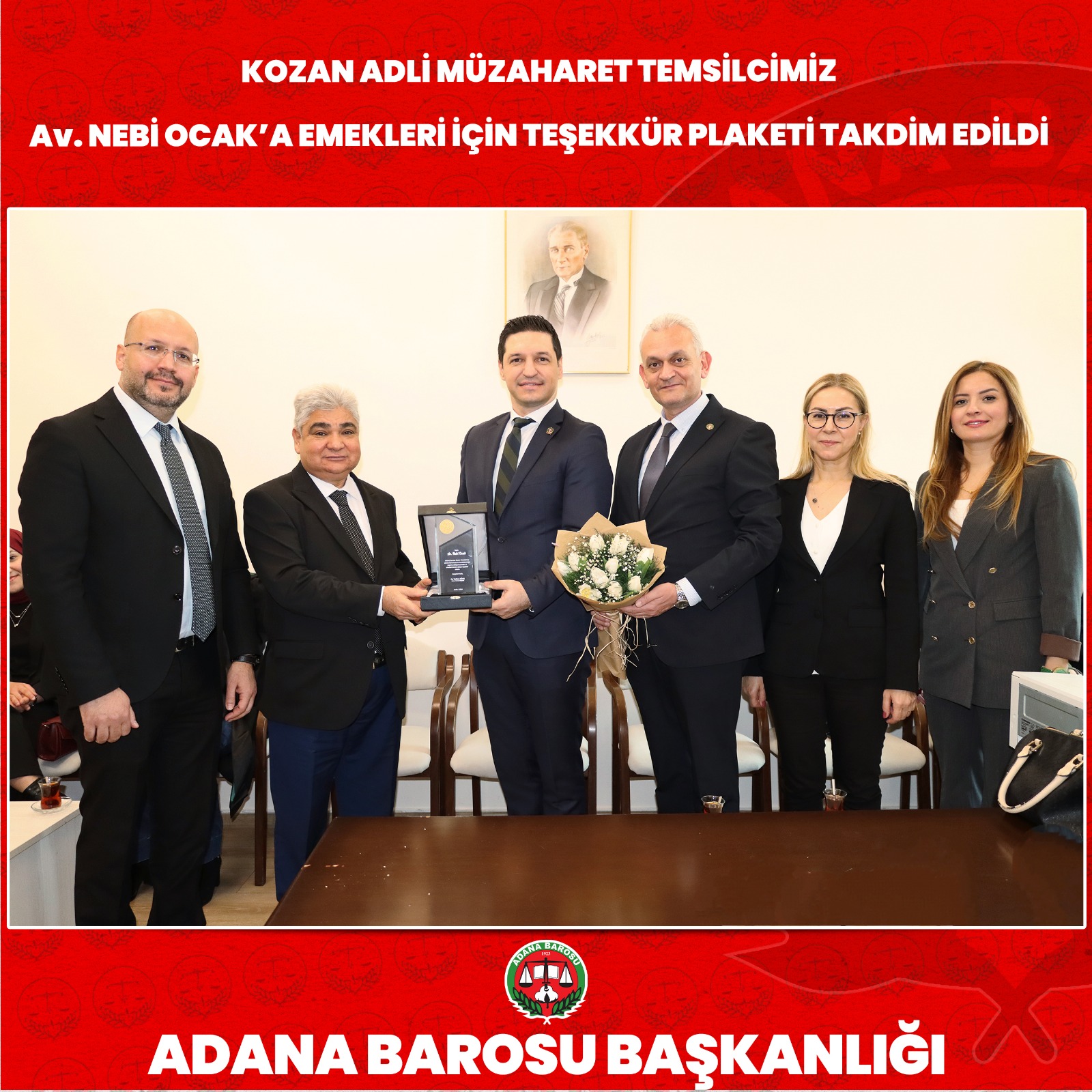 KOZAN ADLİ MÜZAHARET TEMSİLCİMİZ Av. NEBİ OCAK’A EMEKLERİ İÇİN TEŞEKKÜR PLAKETİ TAKDİM EDİLDİ