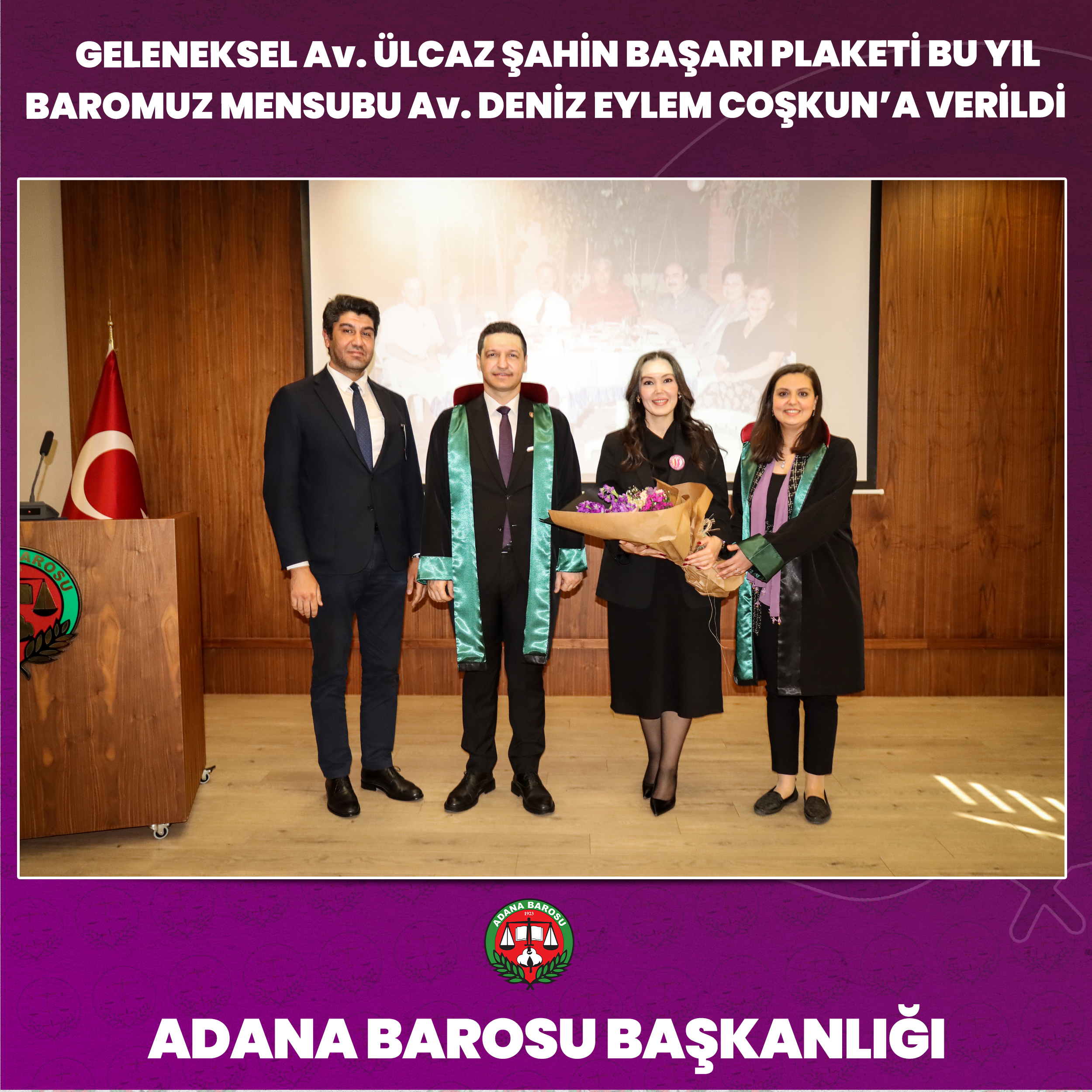 GELENEKSEL AV. ÜLCAZ ŞAHİN BAŞARI PLAKETİ BU YIL BAROMUZ MENSUBU AV. DENİZ EYLEM COŞKUN DURMUŞ’A VERİLDİ