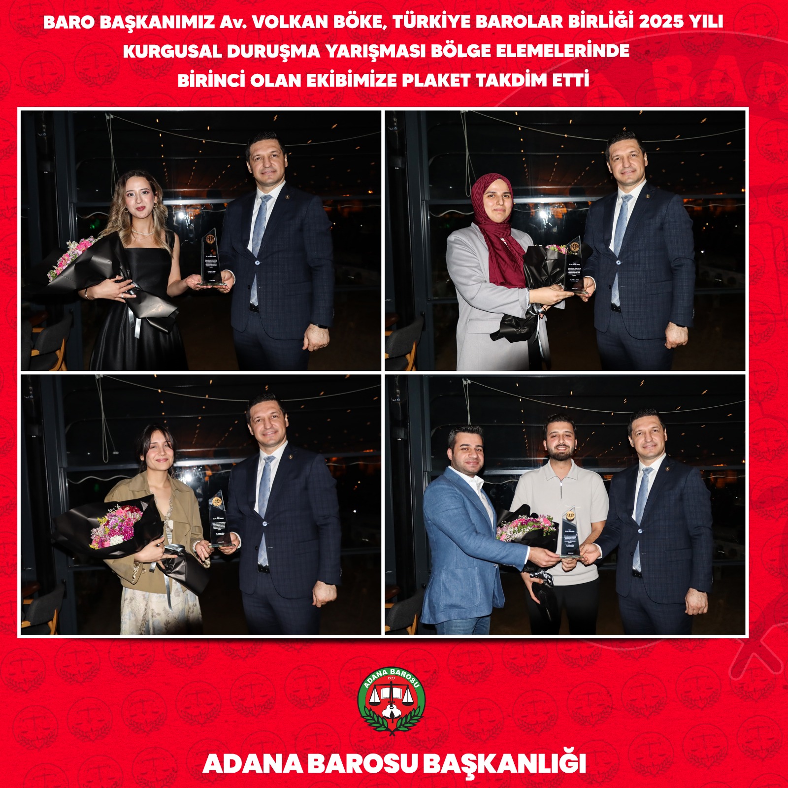 BARO BAŞKANIMIZ Av. VOLKAN BÖKE TÜRKİYE BAROLAR BİRLİĞİ 2025 YILI KURGUSAL DURUŞMA YARIŞMASI BÖLGE ELEMELERİNDE BİRİNCİ OLAN EKİBİMİZE PLAKET TAKDİM ETTİ