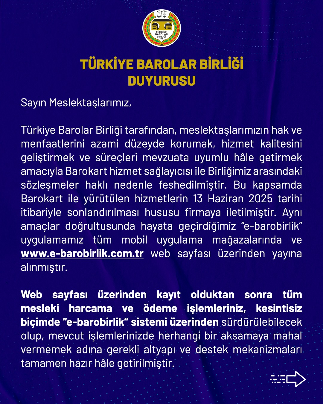 TÜRKİYE BAROLAR BİRLİĞİ DUYURUSU 