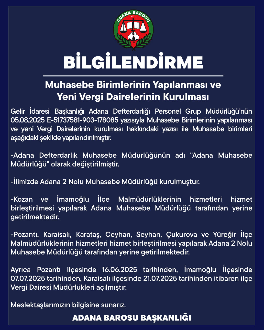 BİLGİLENDİRME Muhasebe Birimlerinin Yapılanması ve Yeni Vergi Dairelerinin Kurulması