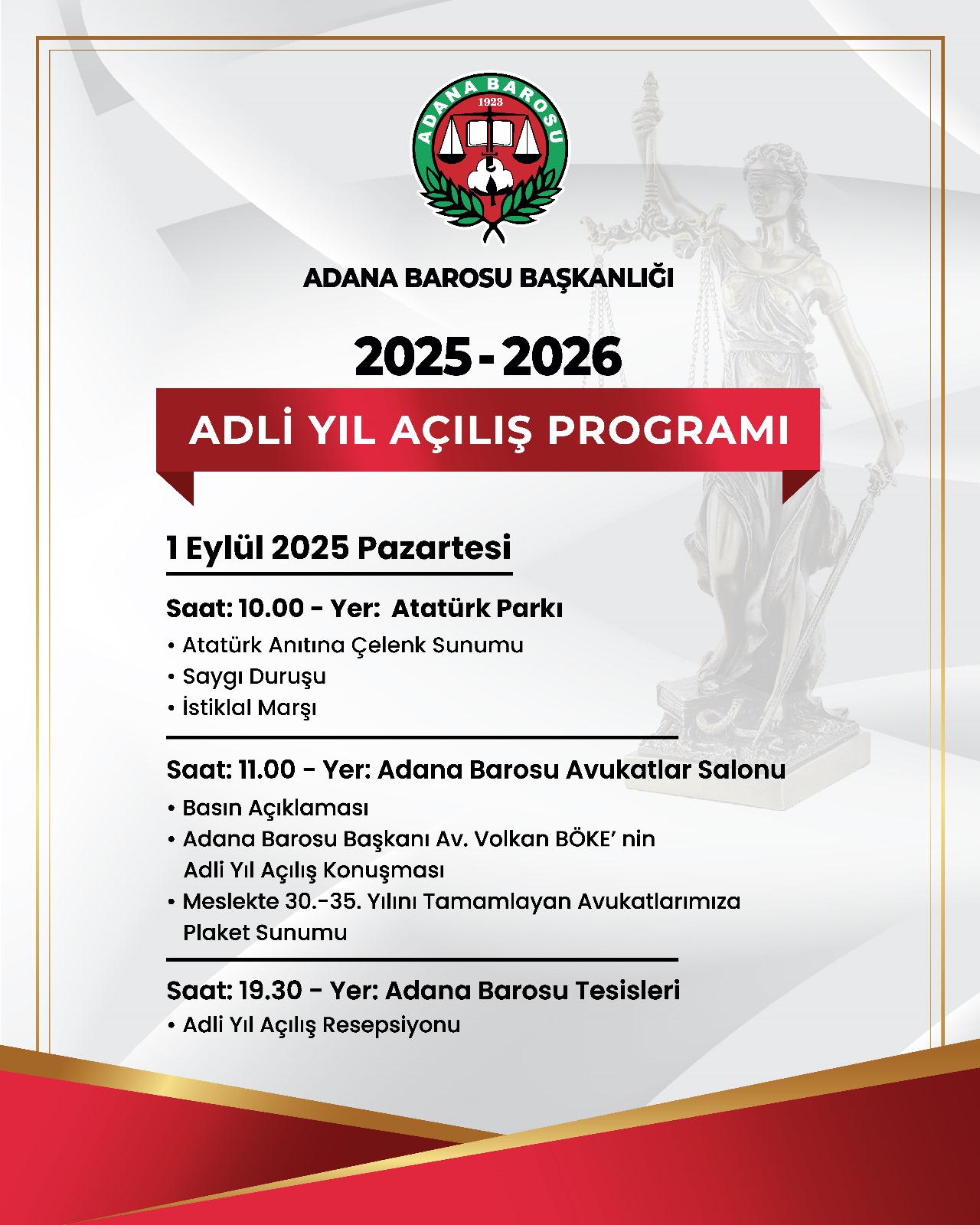 ADANA BAROSU 2025-2026 ADLİ YIL AÇILIŞ PROGRAMI 