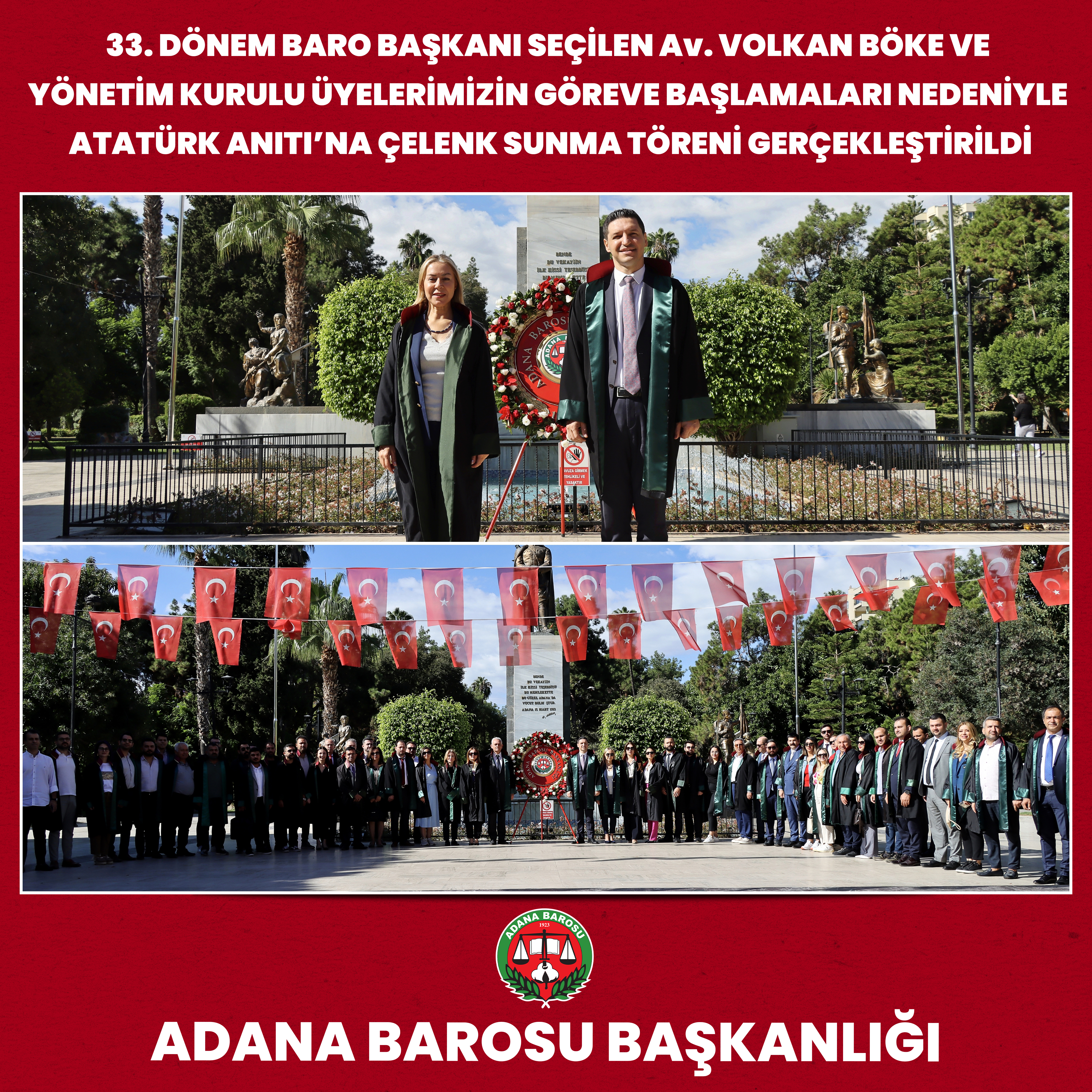 33. DÖNEM BARO BAŞKANI SEÇİLEN Av. VOLKAN BÖKE VE YÖNETİM KURULU ÜYELERİMİZİN GÖREVE BAŞLAMALARI NEDENİYLE ATATÜRK ANITI’NA ÇELENK SUNMA TÖRENİ GERÇEKLEŞTİRİLDİ