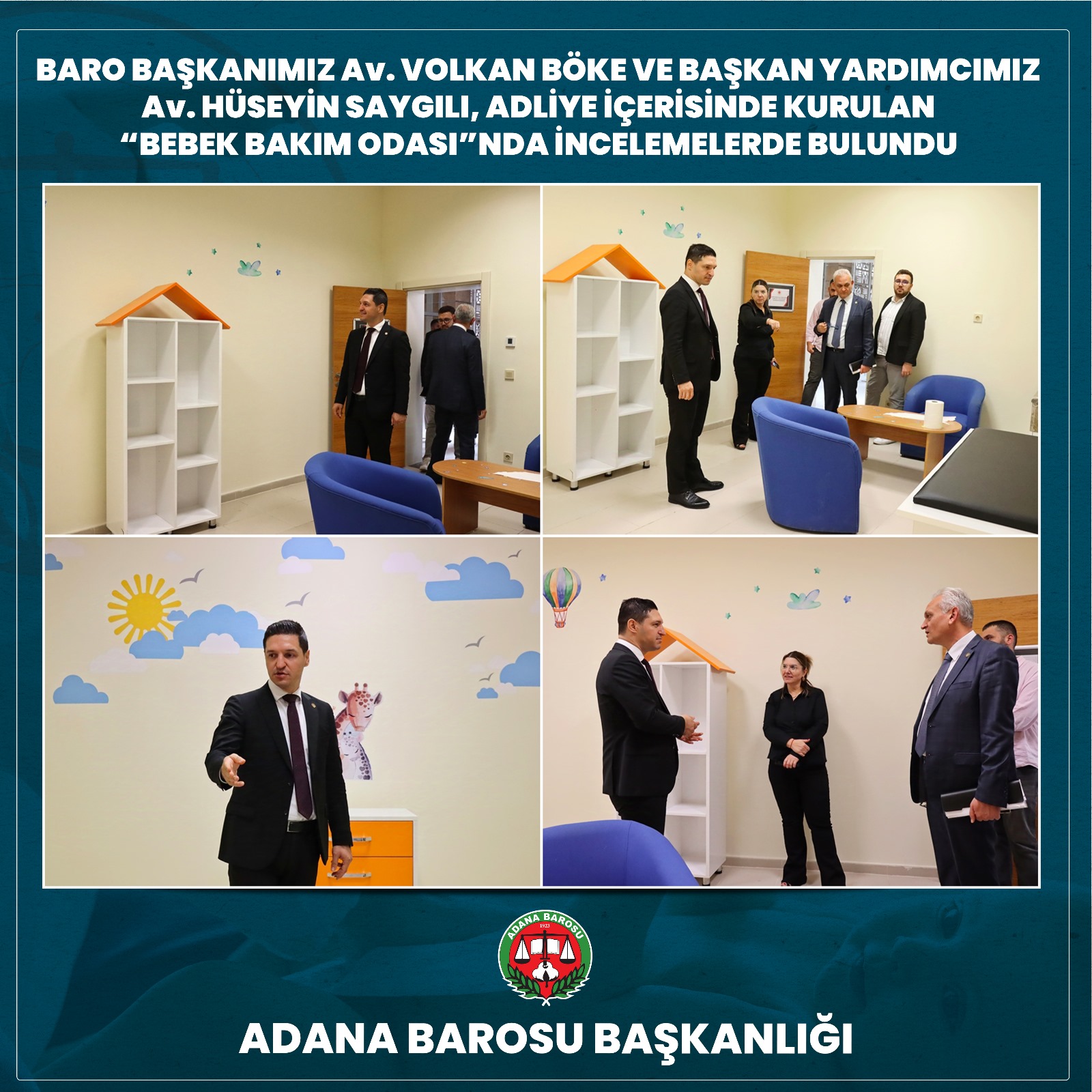 BARO BAŞKANIMIZ AV. VOLKAN BÖKE VE BAŞKAN YARDIMCIMIZ Av. HÜSEYİN SAYGILI, ADLİYE İÇERİSİNDE KURULAN “BEBEK BAKIM ODASI”NDA İNCELEMELERDE BULUNDU