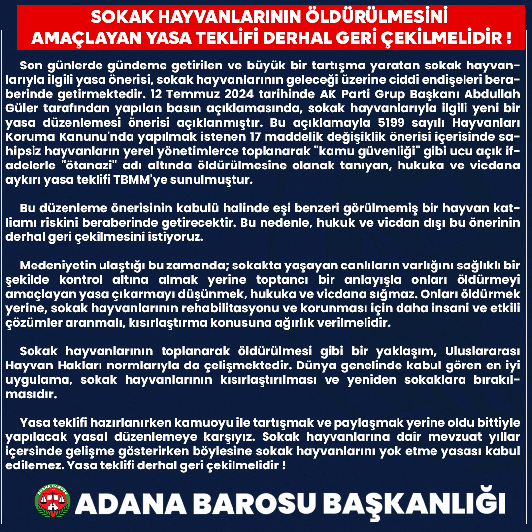 SOKAK HAYVANLARININ ÖLDÜRÜLMESİNİ AMAÇLAYAN YASA TEKLİFİ DERHAL GERİ ÇEKİLMELİDİR !