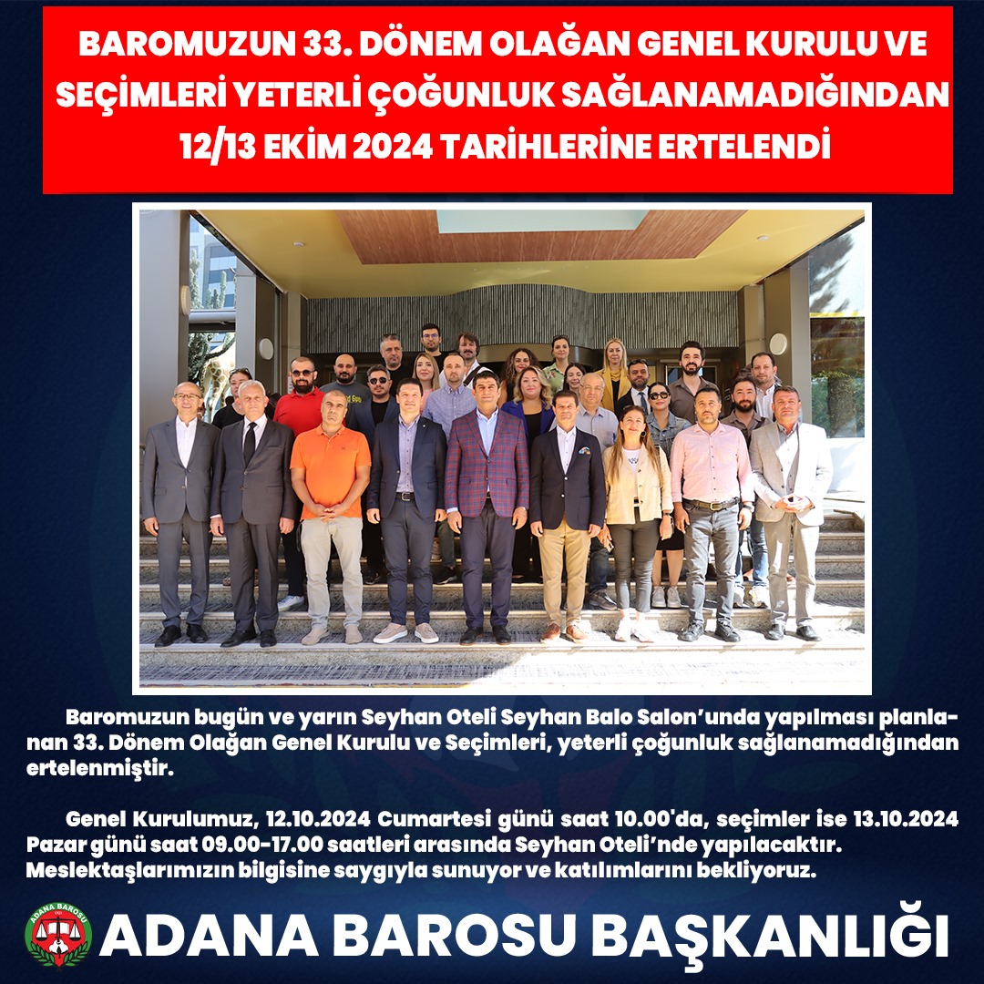 BAROMUZUN 33. DÖNEM OLAĞAN GENEL KURULU VE SEÇİMLERİ YETERLİ ÇOĞUNLUK SAĞLANAMADIĞINDAN 12/13 EKİM 2024 TARİHLERİNE ERTELENDİ  
