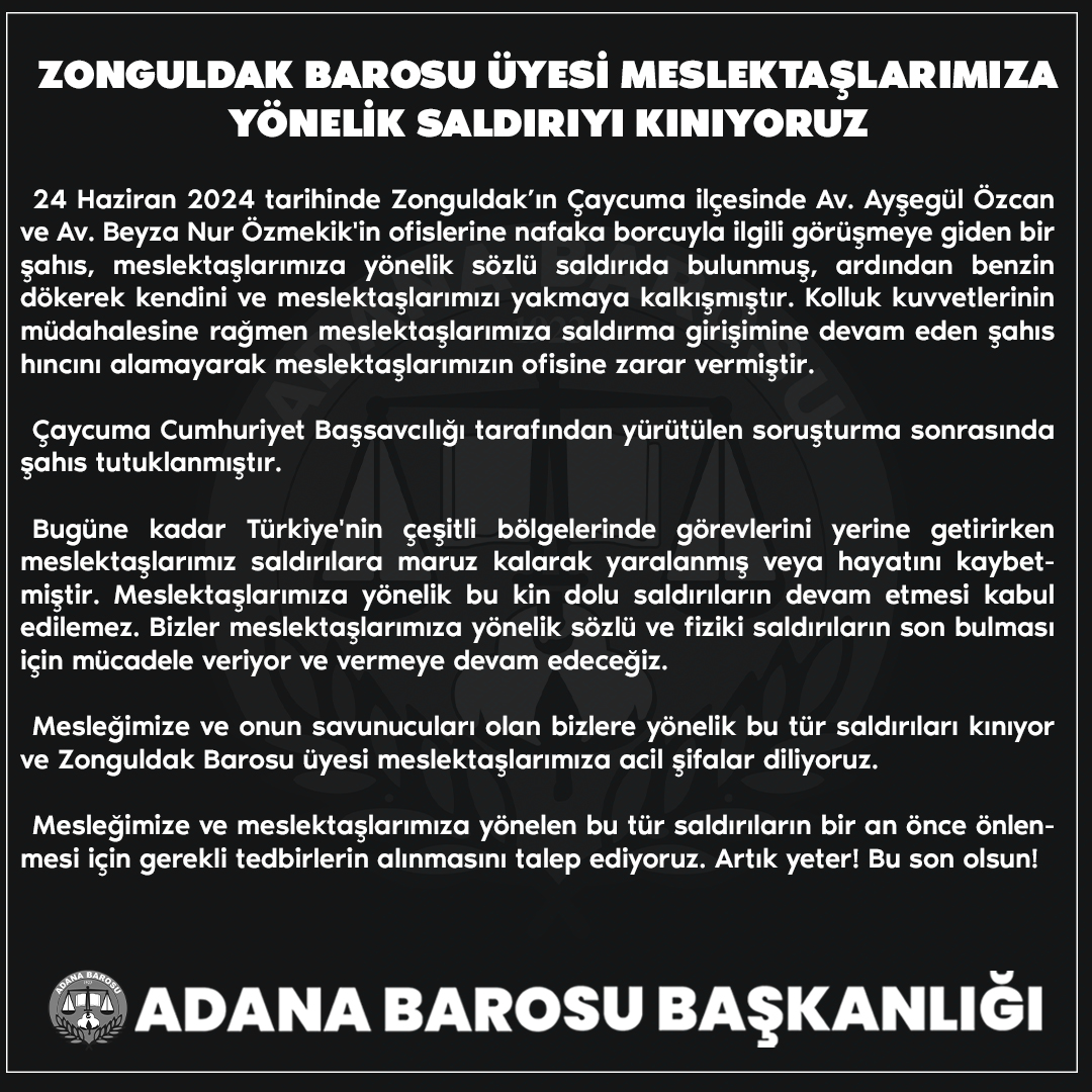 ZONGULDAK BAROSU ÜYESİ MESLEKTAŞLARIMIZA YÖNELİK SALDIRIYI KINIYORUZ