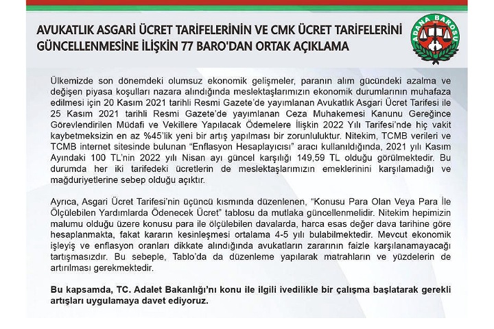 Avukatlık Asgari Ücret Tarifelerinin ve CMK Ücret Tarifelerinin Güncellenmesine İlişkin 77 Baro'dan Ortak Açıklama