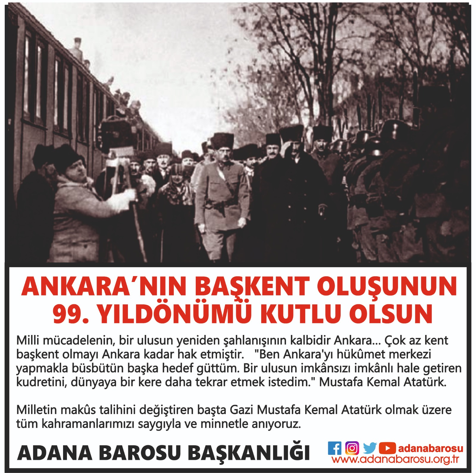 ANKARA’NIN BAŞKENT OLUŞUNUN 99. YILDÖNÜMÜ KUTLU OLSUN