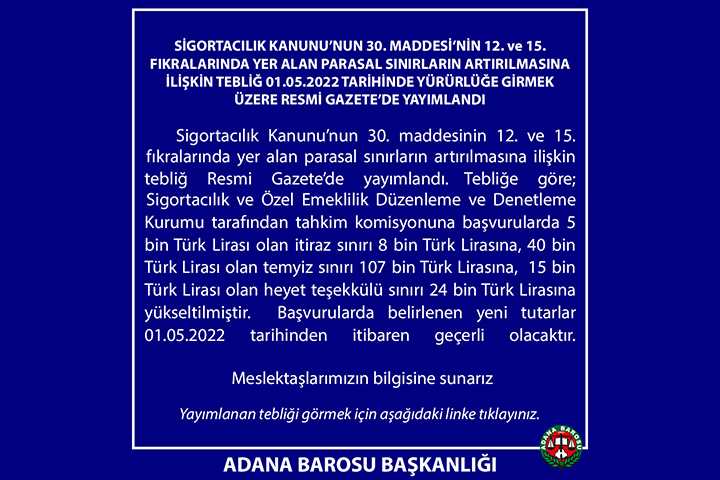 SİGORTACILIK KANUNU'NUN 30. MADDESİ'NİN 12.  ve 15. FIKRALARINDA YER ALAN PARASAL SINIRLARIN  ARTIRILMASINA İLİŞKİN TEBLİĞ 01.05.2022 TARİHİNDE YÜRÜRLÜĞE GİRMEK ÜZERE RESMİ GAZETE’DE YAYIMLANDI