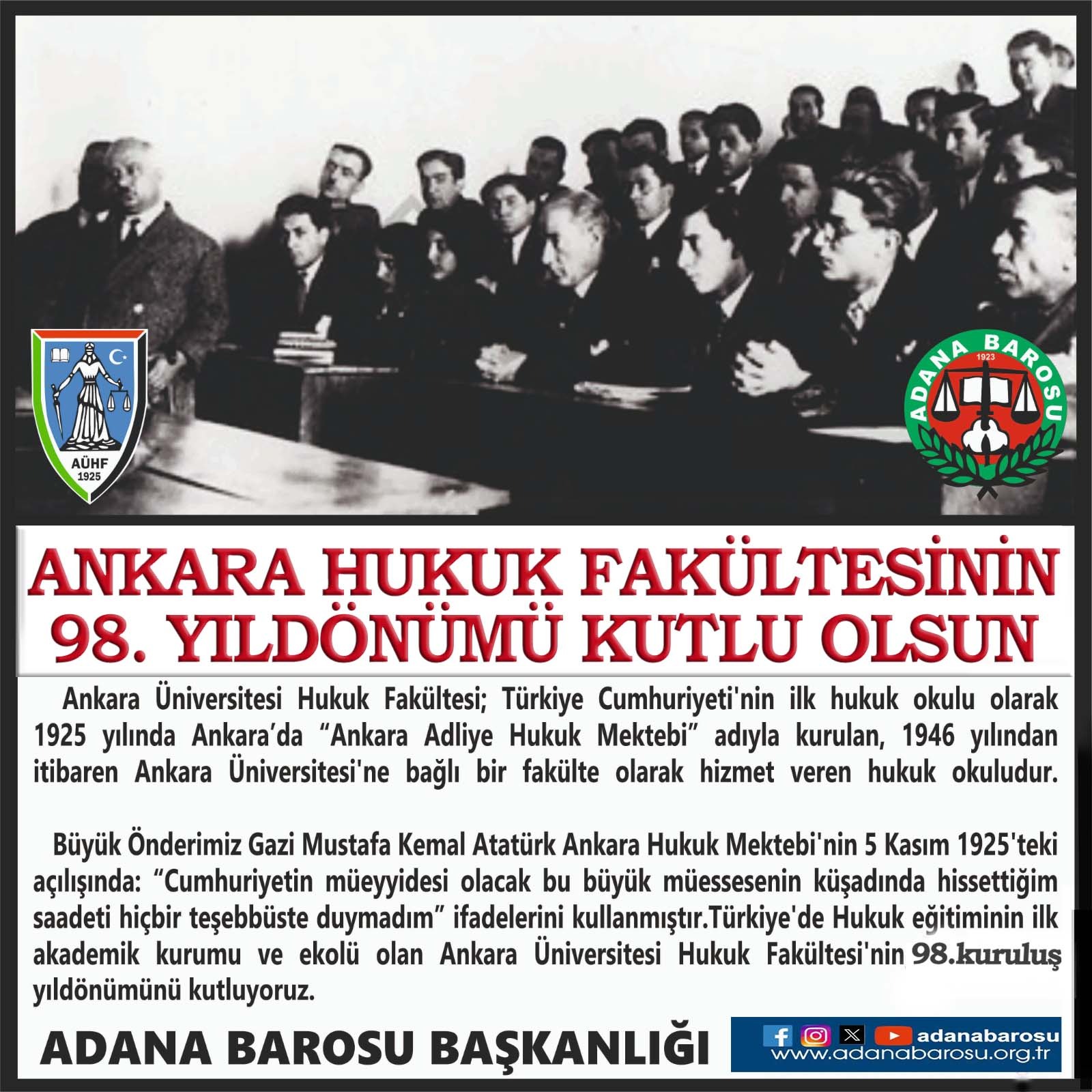 ANKARA HUKUK FAKÜLTESİNİN 98. YILDÖNÜMÜ KUTLU OLSUN 