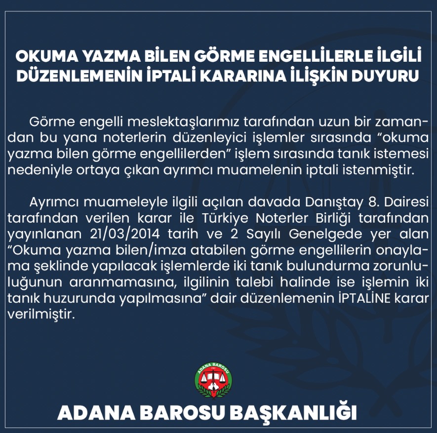 OKUMA YAZMA BİLEN GÖRME ENGELLİLERLE İLGİLİ DÜZENLEMENİN İPTALİ KARARI