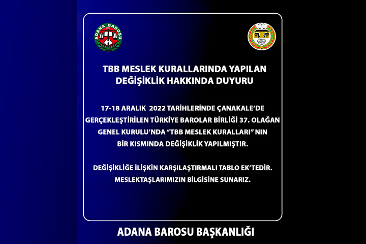 TBB MESLEK KURALLARINDA YAPILAN DEĞİŞİKLİK HAKKINDA DUYURU