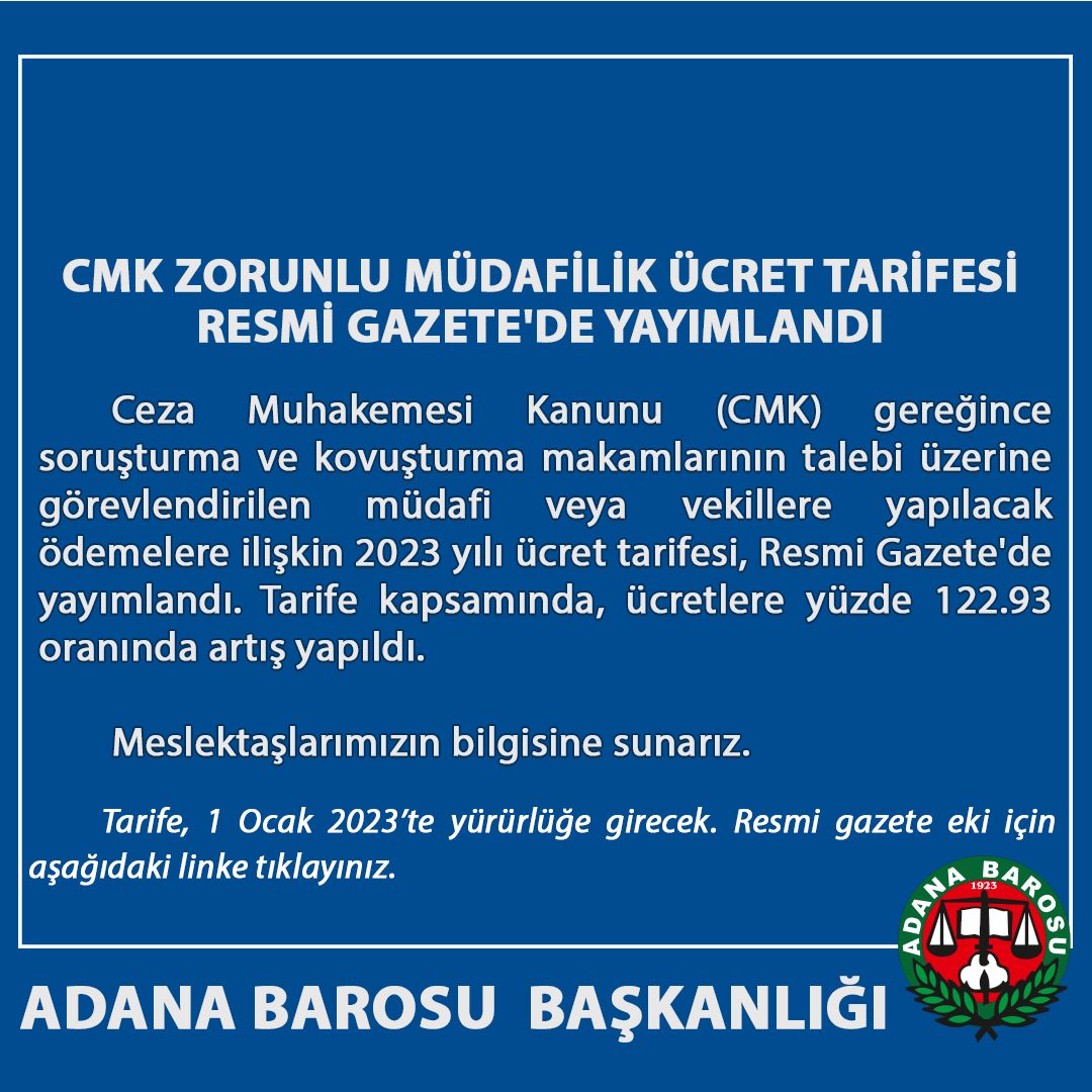 CMK ZORUNLU MÜDAFİLİK ÜCRET TARİFESİ RESMİ GAZETE'DE YAYIMLANDI