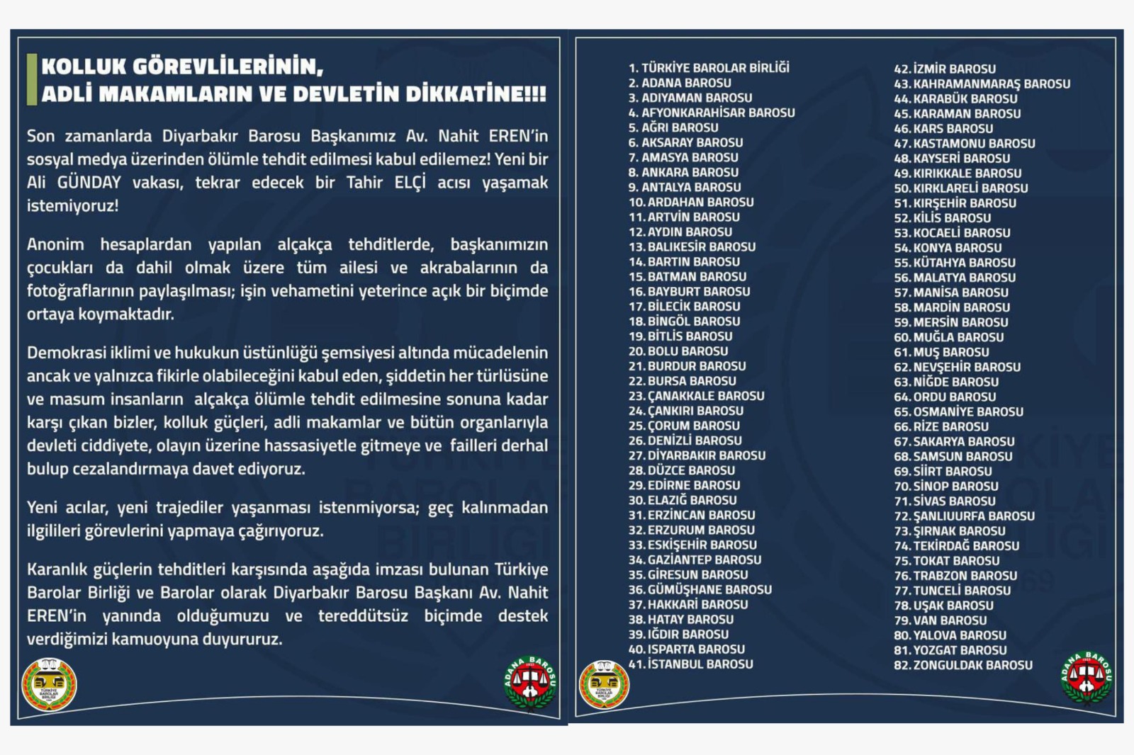 TÜRKİYE BAROLAR BİRLİĞİ VE 81 BARO’DAN ORTAK AÇIKLAMA.
